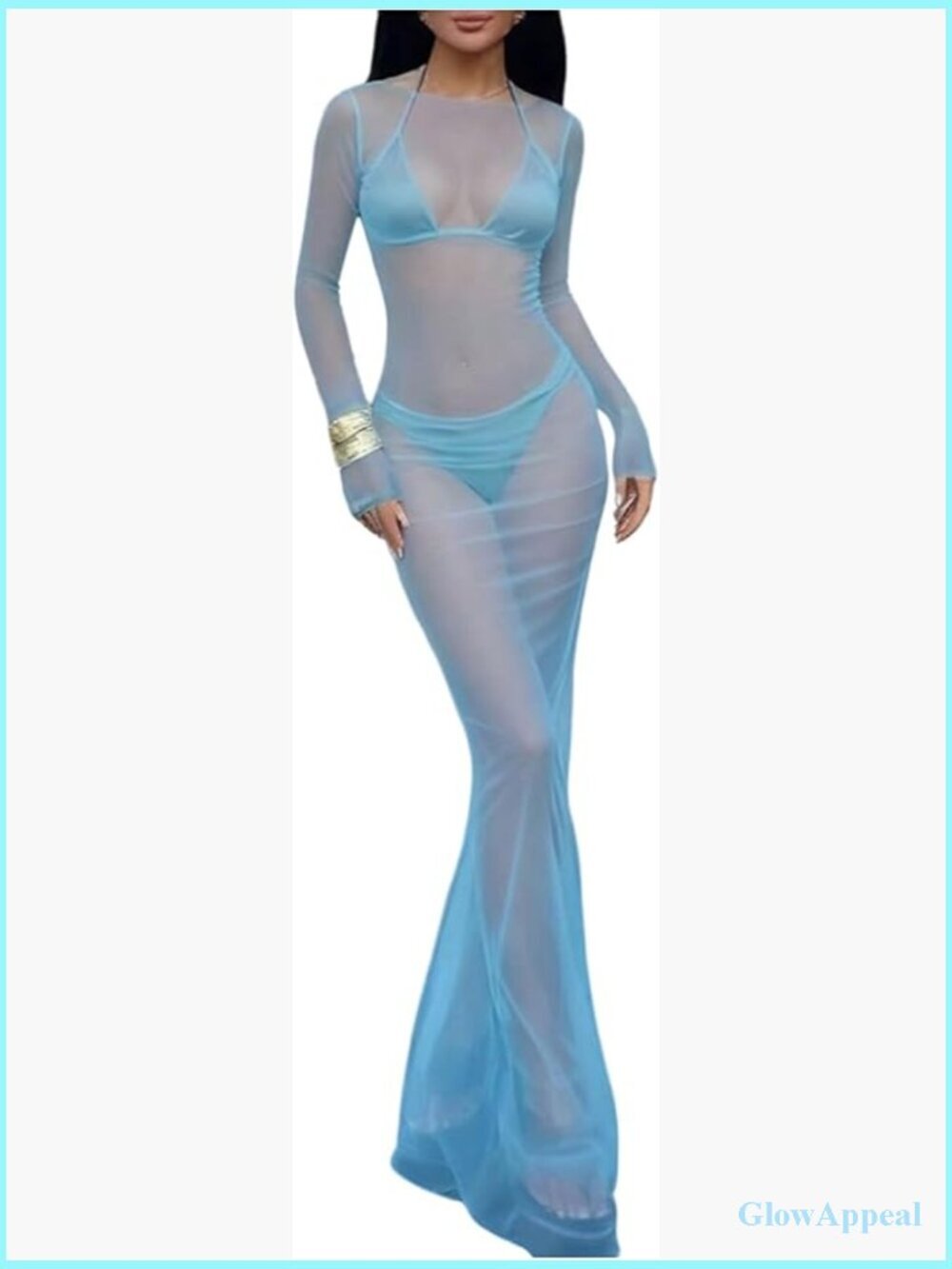Sheer Mesh Maxi Dress Long Sleeve Bodycon Night Out Club Dress